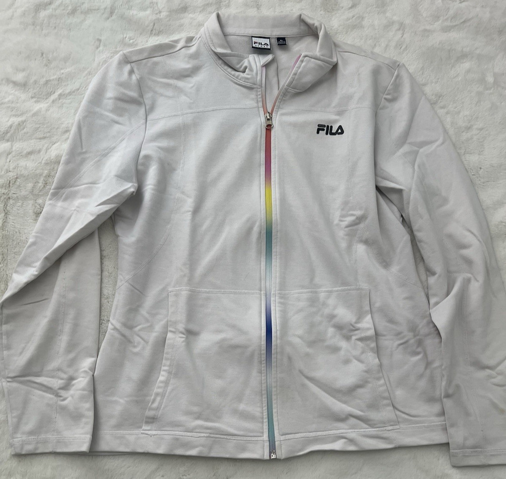 FILA Sport Jacket Womens XL White Full Zip Rainbow Trim Athletic Lightweight